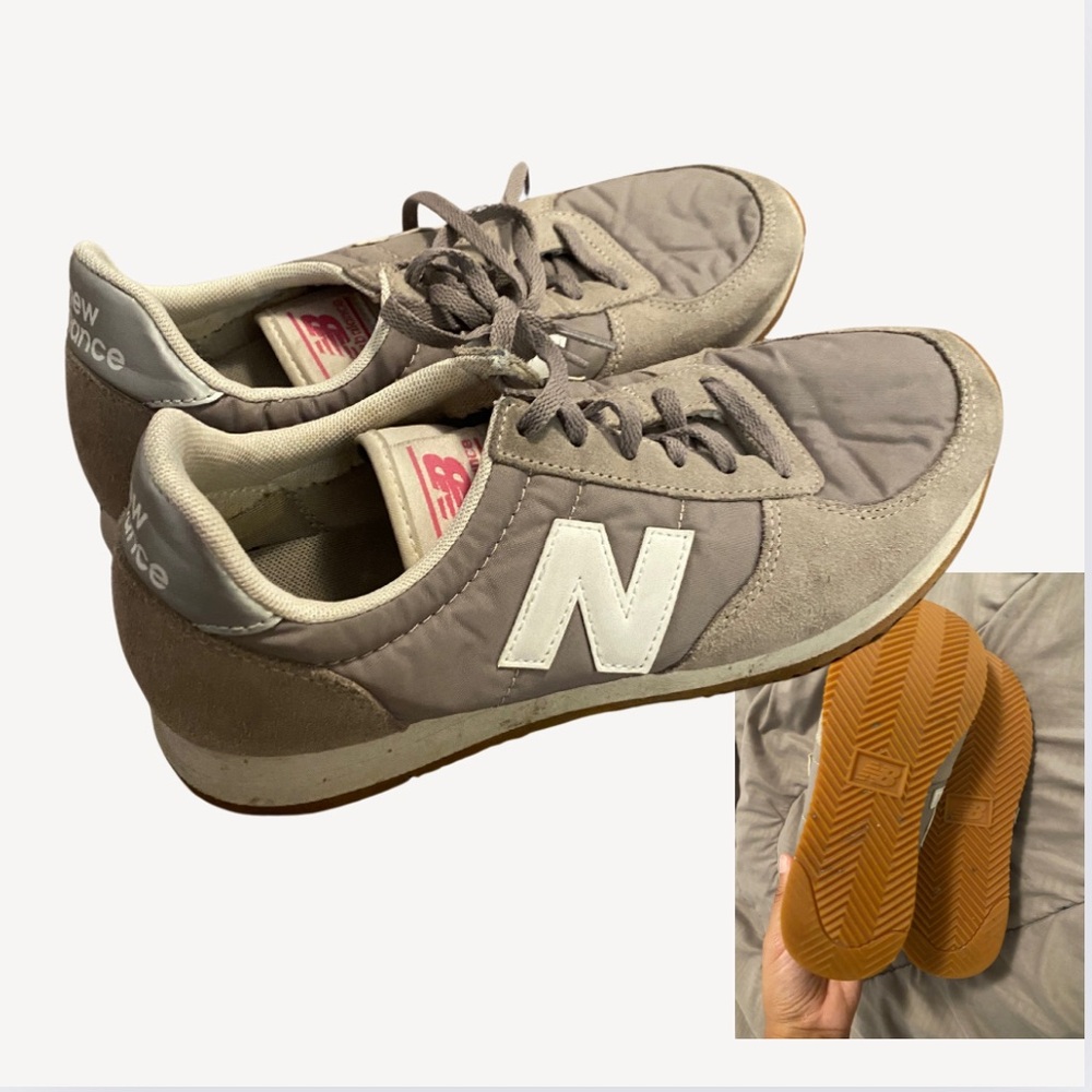Grey New Balance sneakers with gum soles